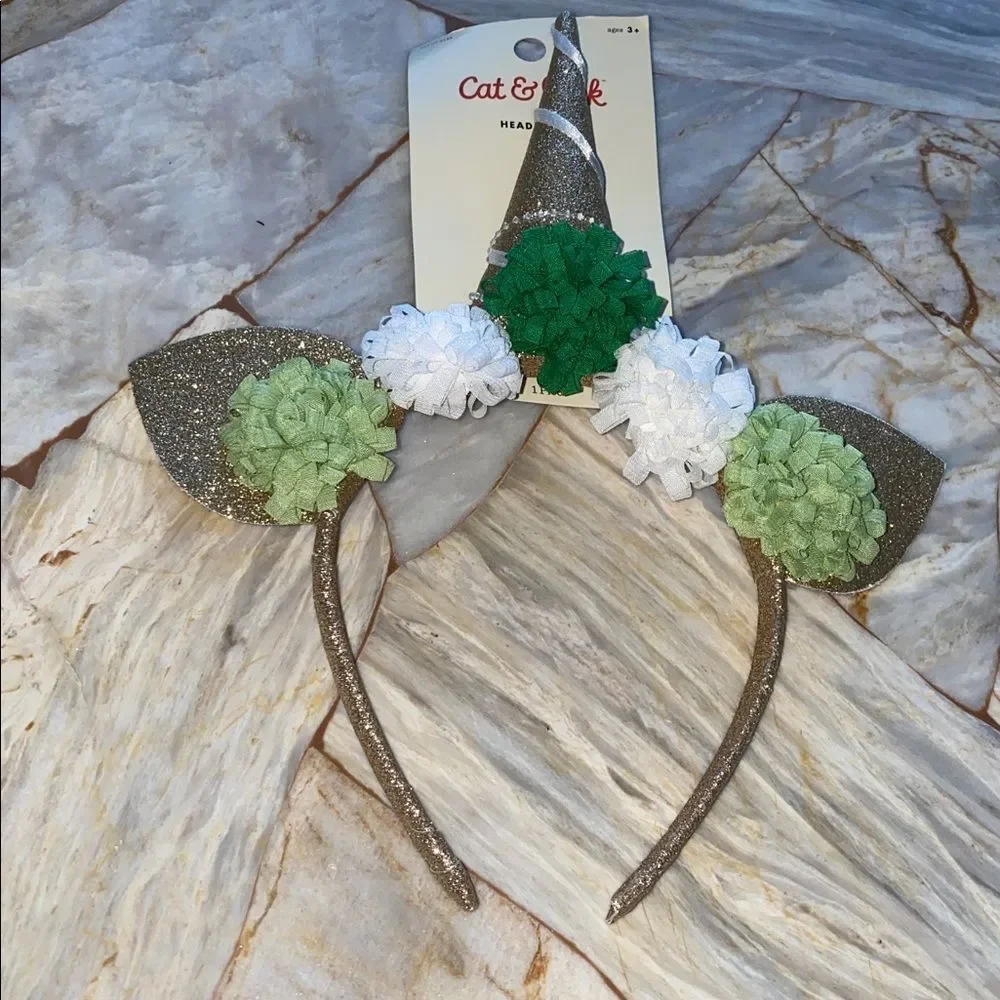 Cat & Jack Girls Gold Glitter Unicorn Headband Green‎ White Floral 217 07 3191